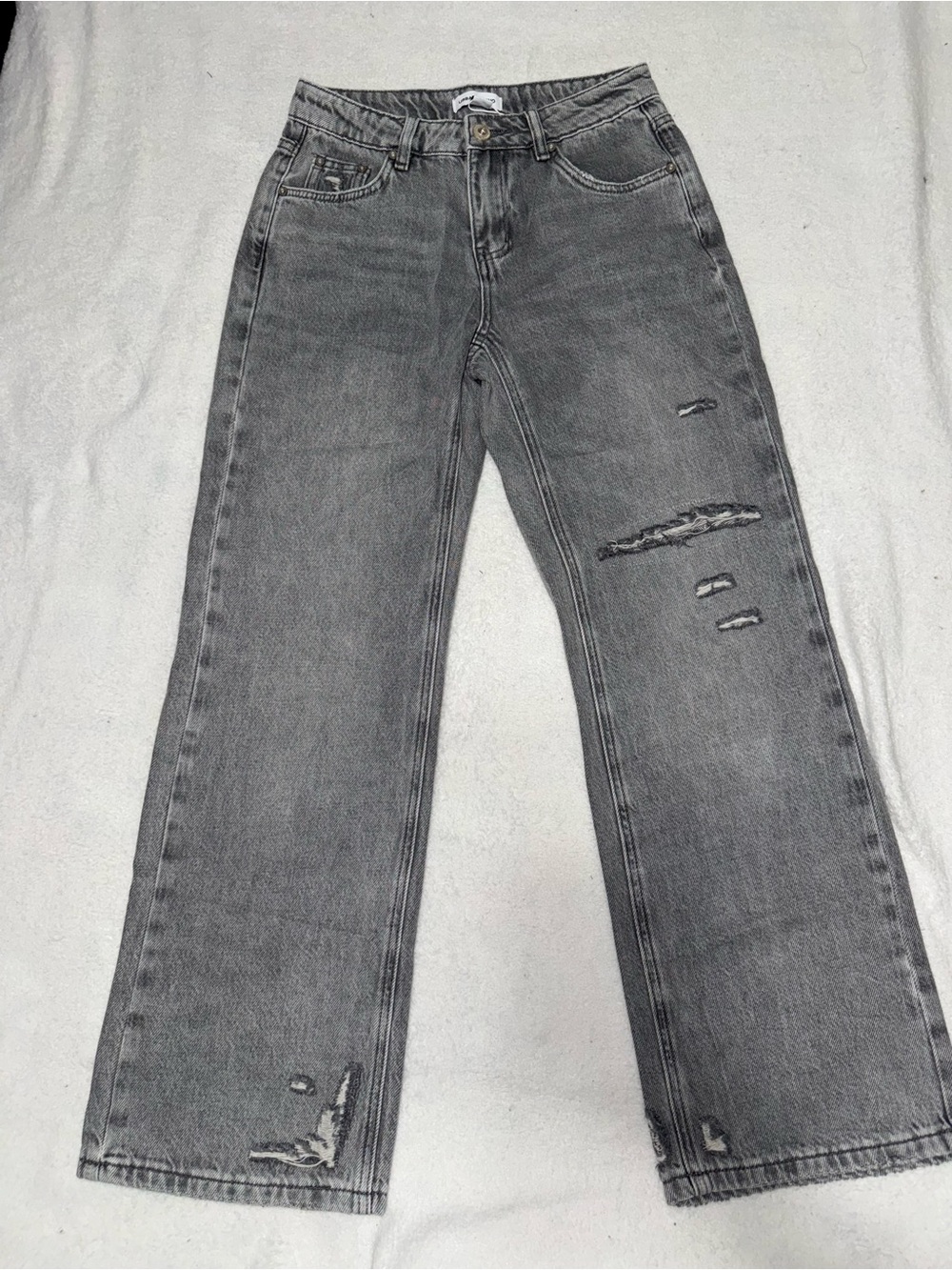 High-Rise Wide Leg Distressed Jeans in Gray - Picture 3 of 5